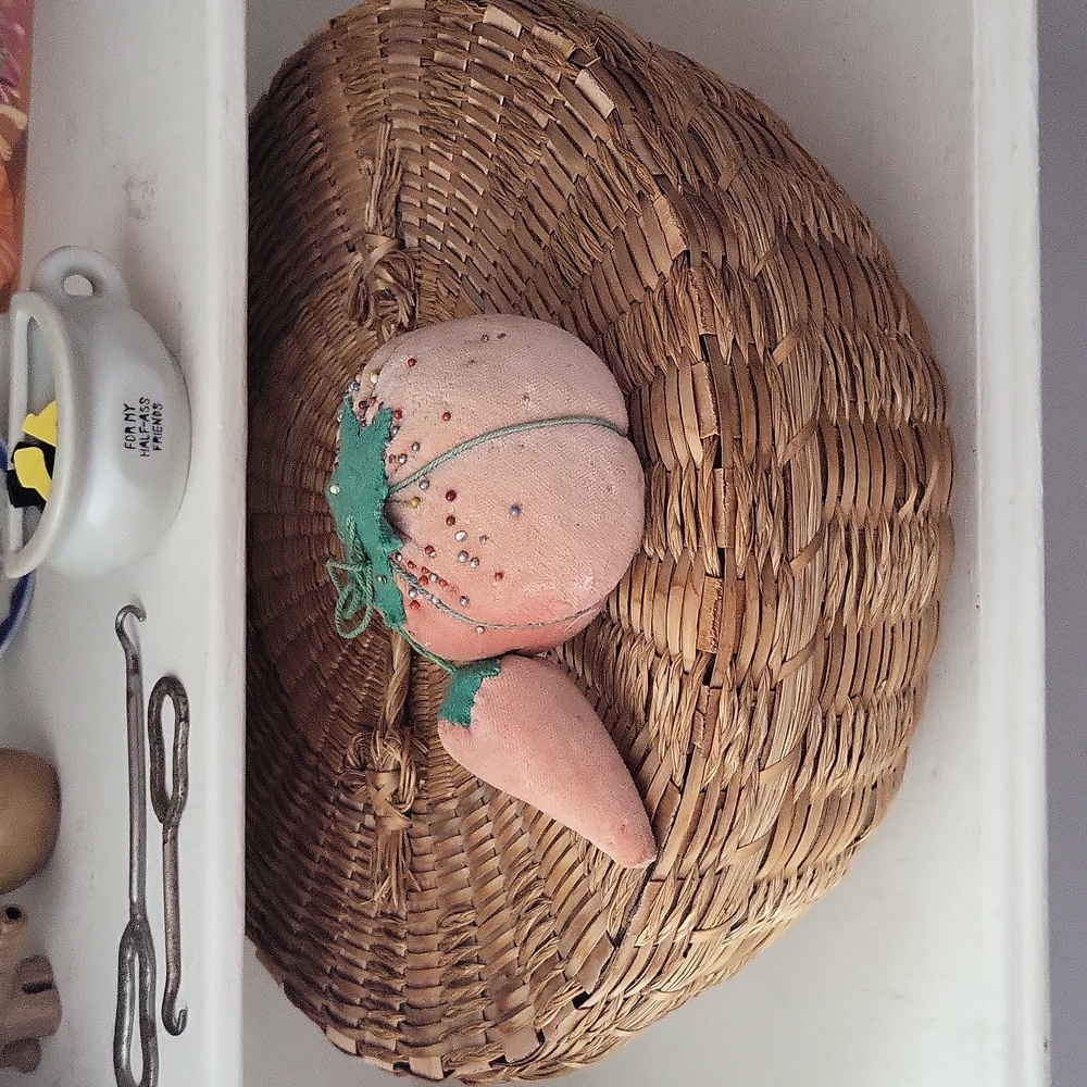 Sewing basket and tomato pincushion